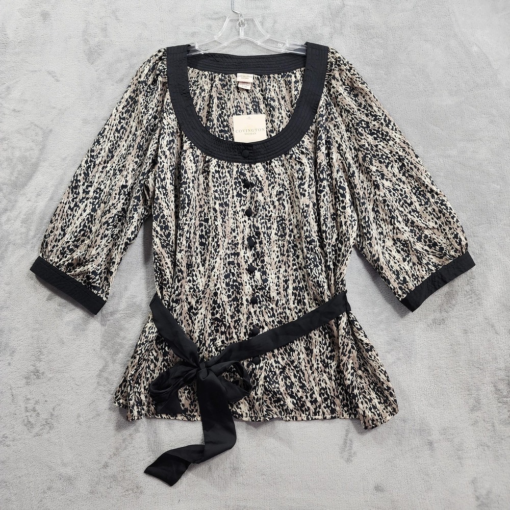NEW Covington Top Womens 16W Beige Animal Print Satin Tie Waist 3/4 Sleeve Tunic